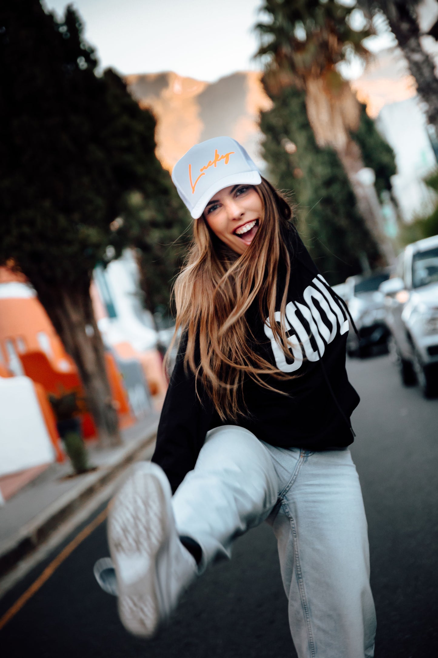 White foam trucker cap - Neon Orange Lucky