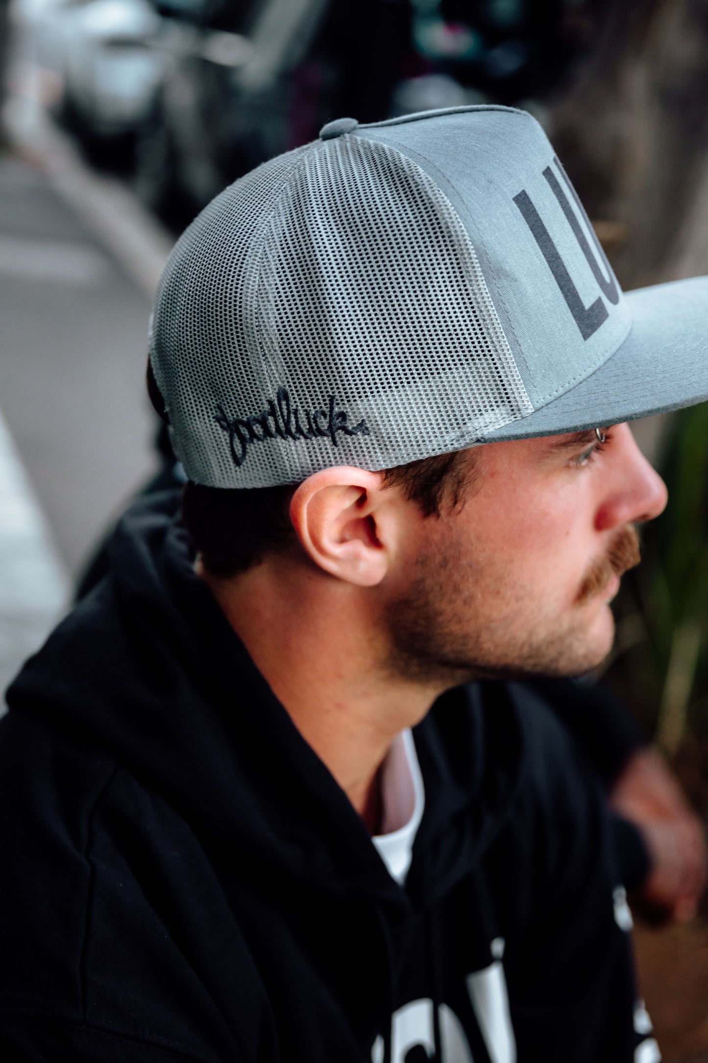Grey Flat Peak Cap - Grey Flock LUCK