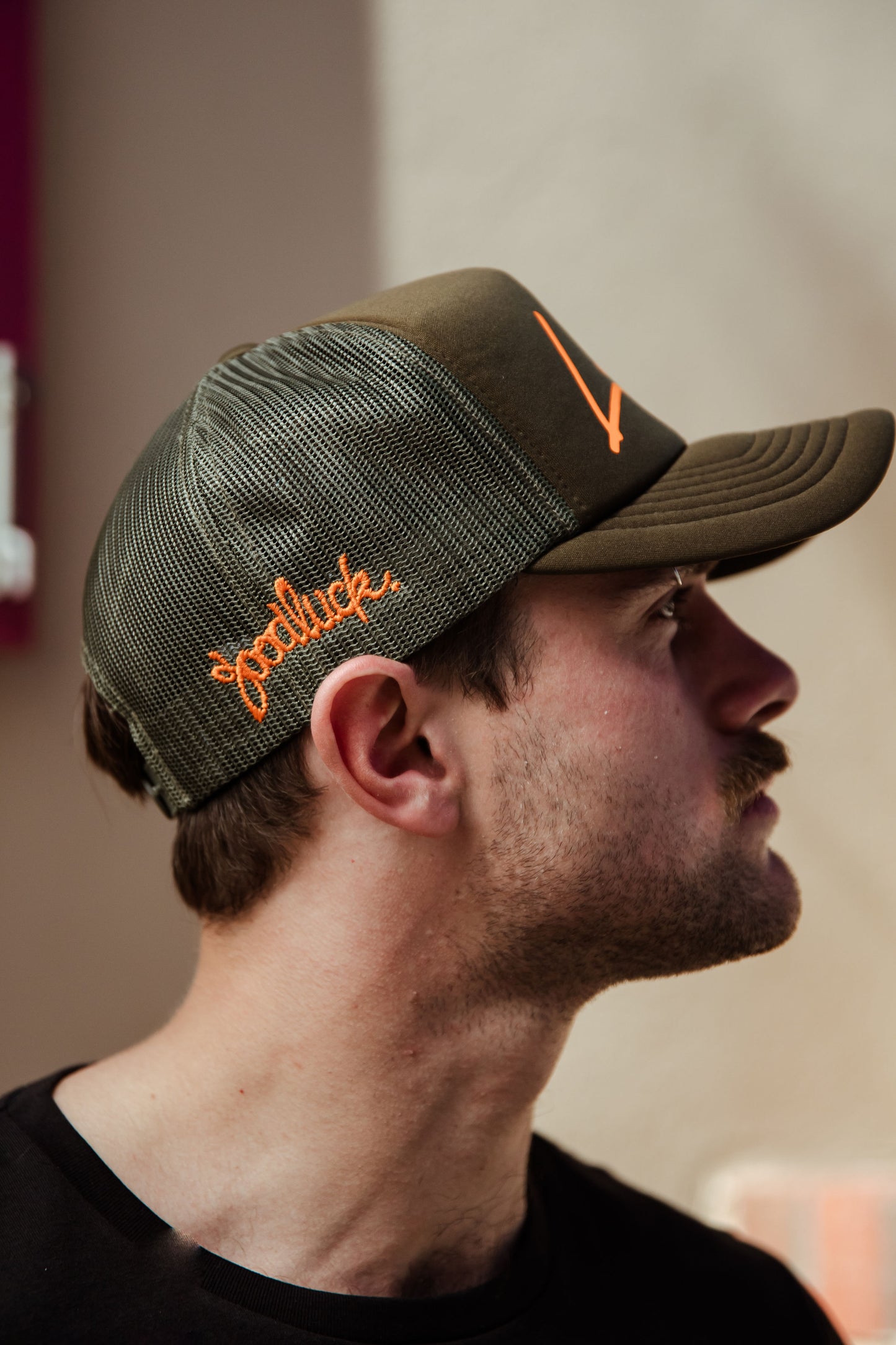 Camo Green Foam Trucker - Neon Orange Lucky