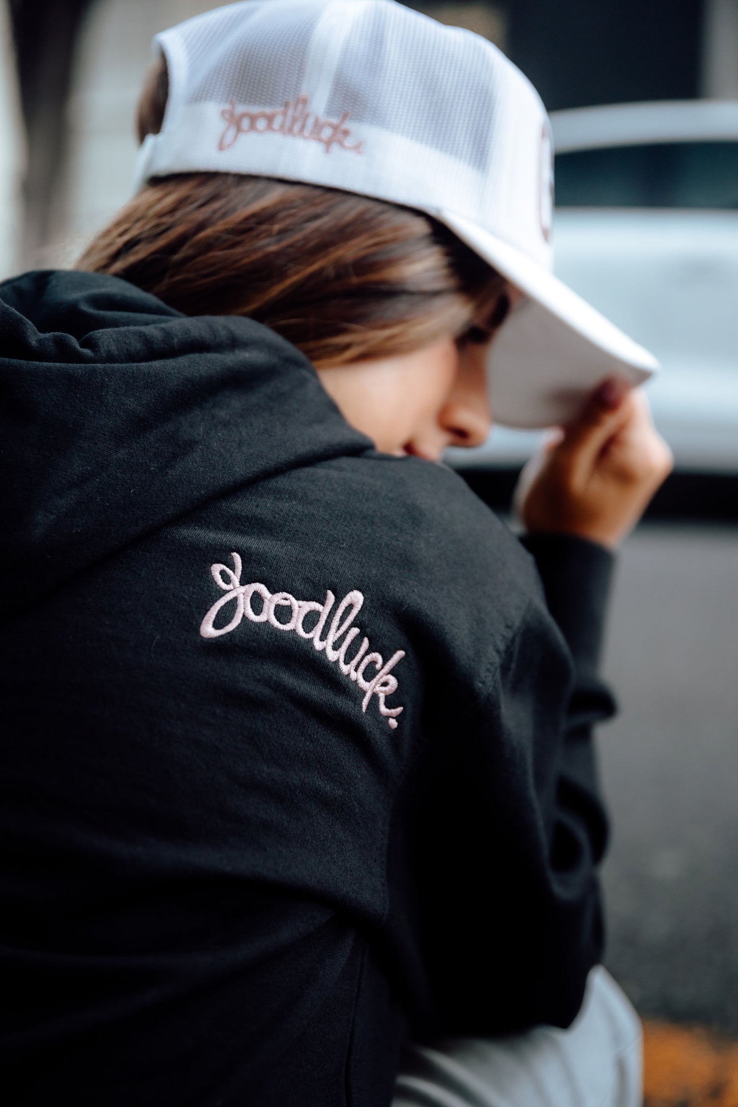 Black Unisex Hoodie - White "GOOD" or "LUCK"