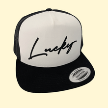  Black LUCKY on a Black and White Trucker Cap