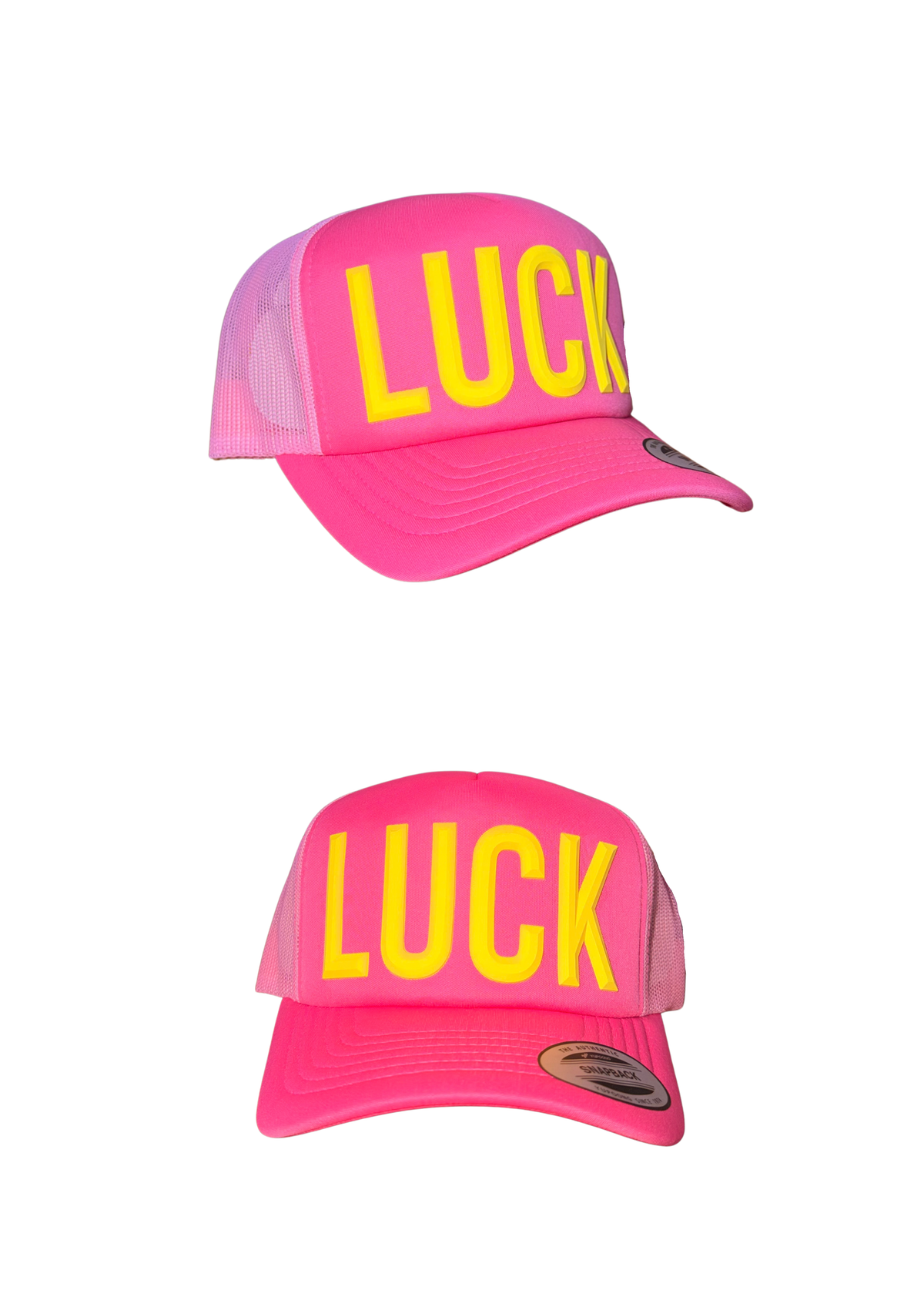 Pink Foam Trucker Cap (light pink mesh) - Yellow LUCK