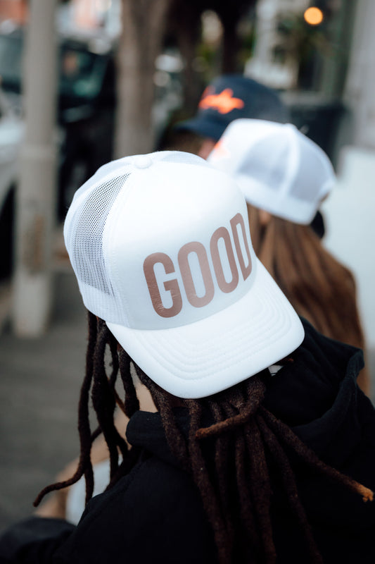 White foam trucker Cap with Rose Gold "LUCK"