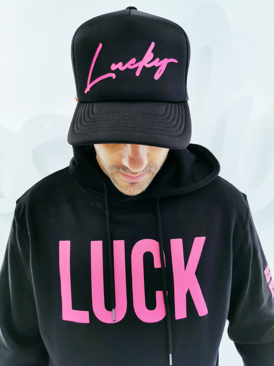 Unisex Black Hoodie - Pink "LUCK"