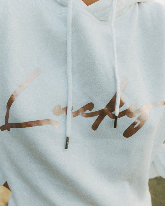White Unisex Hoodie - Rose Gold "LUCKY"