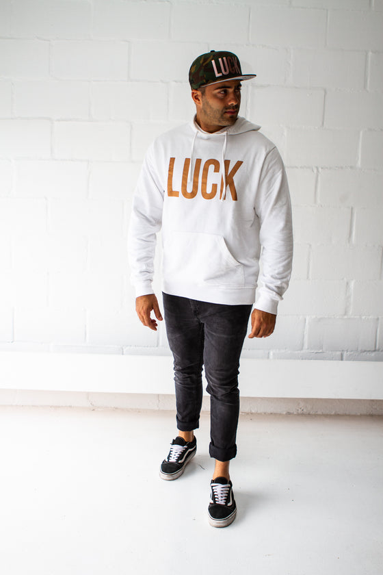 White Unisex Hoodie - Rose Gold "LUCK"