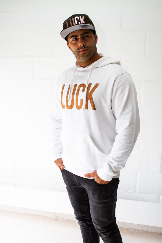 White Unisex Hoodie - Rose Gold "LUCK"